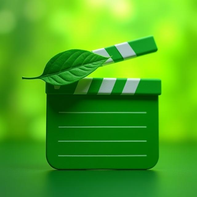 Grünes Blatt auf Filmklappe als Symbol für Nachhaltigkeit