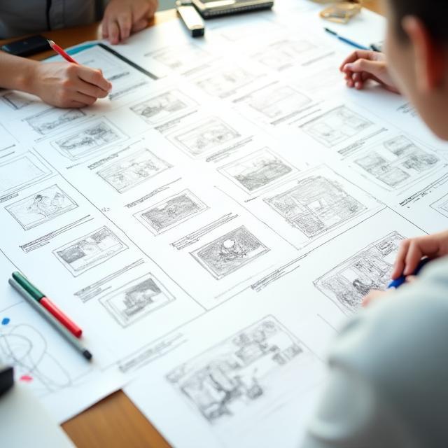 Storyboard und Workflow-Scribble auf einem Tisch