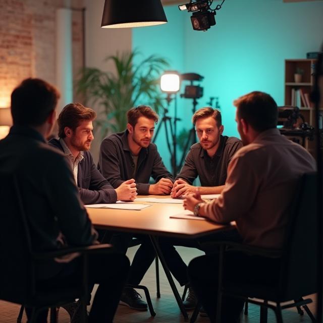 Filmcrew bei einer Besprechung im Studio
